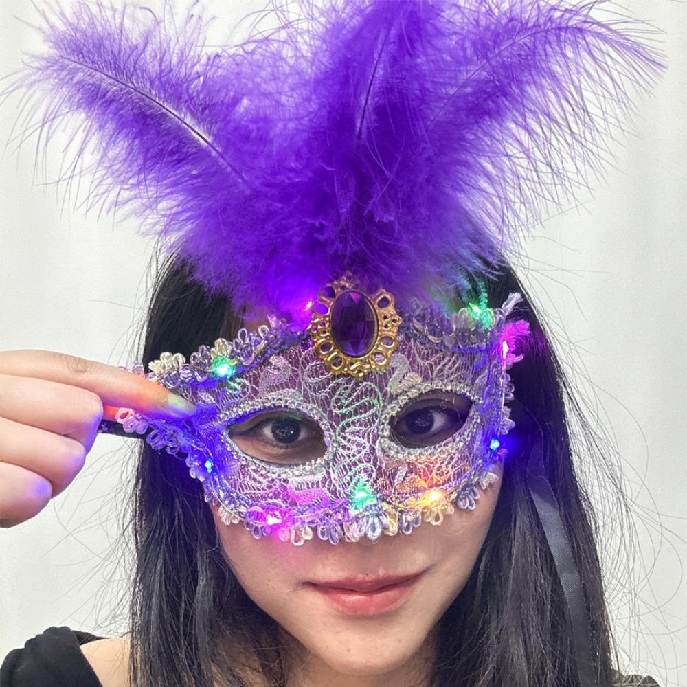 Lace LED Glowing Mask Plastic Venice Masquerade Mask Fancy Feather Mask Party Supplies