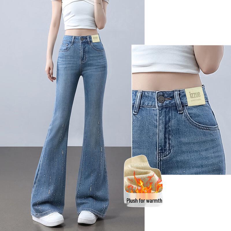 Izzueit Женские облегающие джинсы клеш с высокой посадкой и стразами, на флисовой подкладке