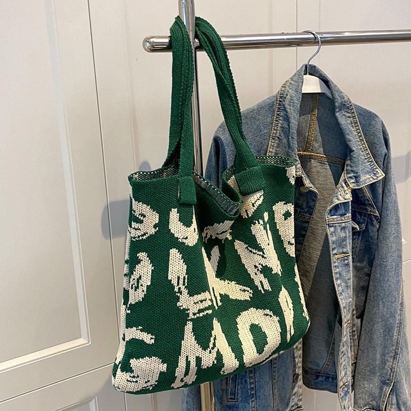 Сумка через плечо с буквенным принтом, большая вместительная сумка контрастного цвета из хлопчатобумажной ткани, летняя модная вязаная сумка ручной работы