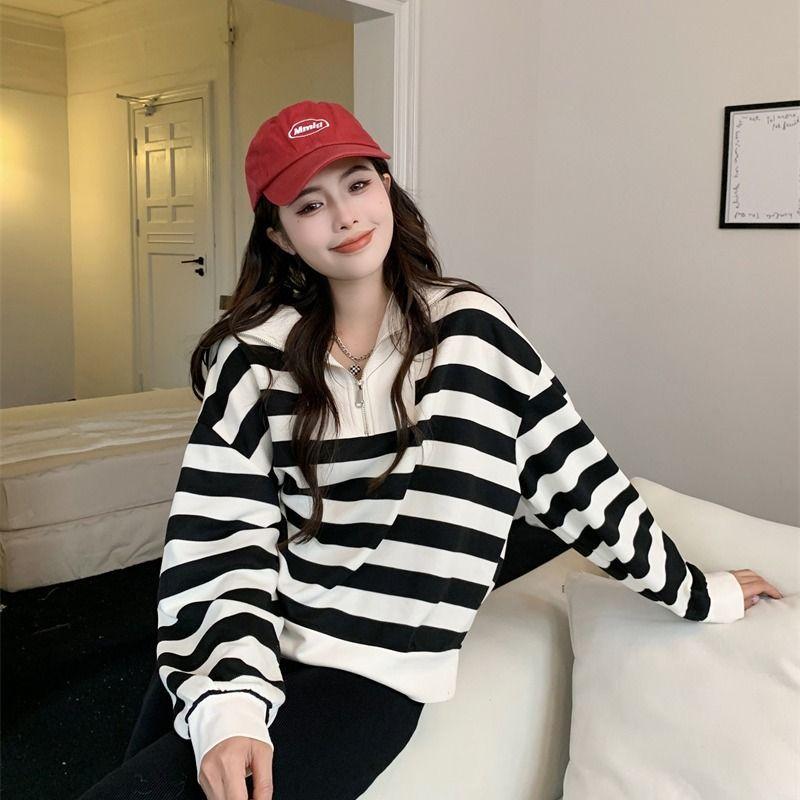 Повседневная полосатая толстовка с темно-синим воротником, женская осенняя корейская версия, дизайнерская свободная пуловерная рубашка большого размера с длинным рукавом, оригинальные женские топы