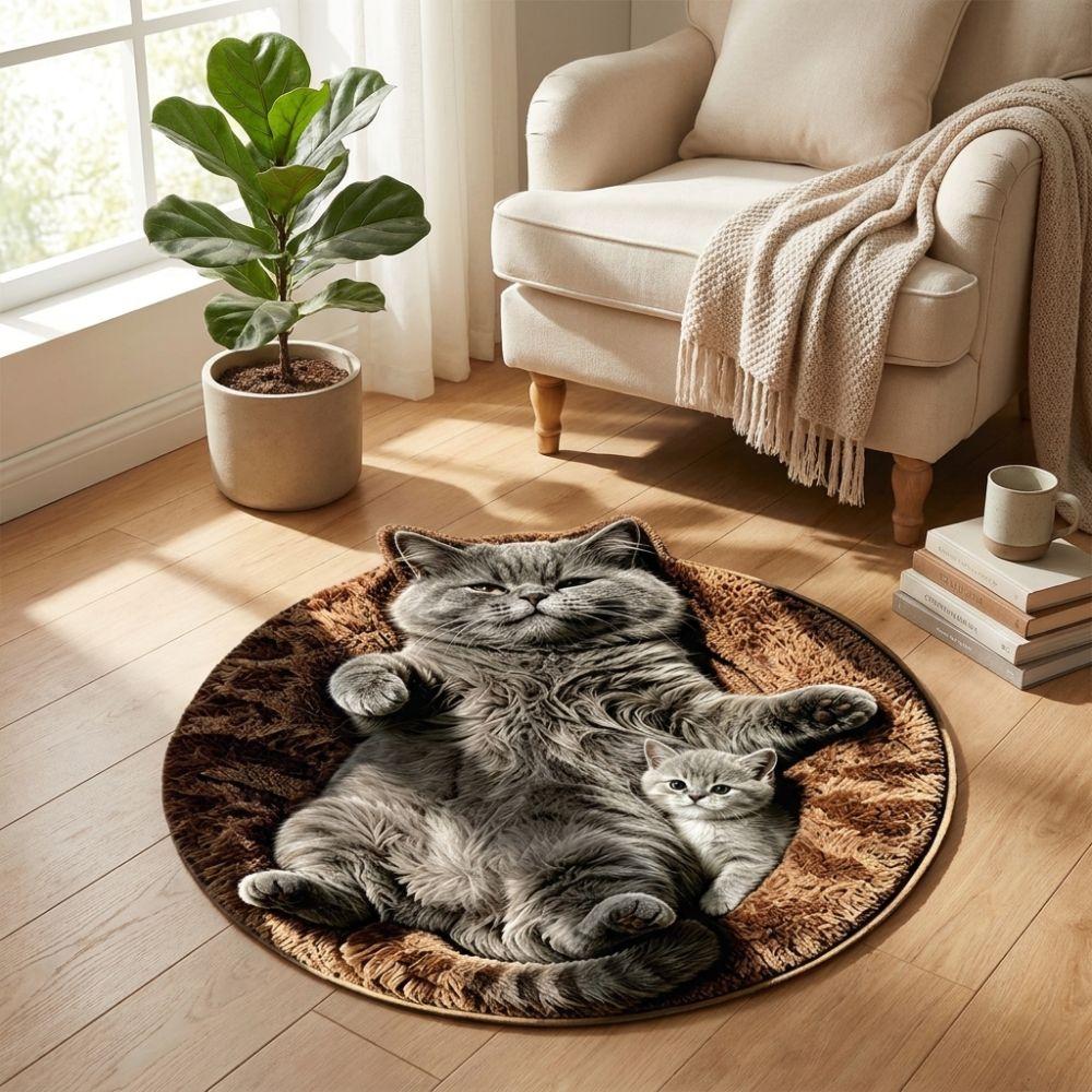 Round Shape Cat Area Rug Non-Slip Cartoon Carpet Cute Home Decor Carpet Living Rooms
