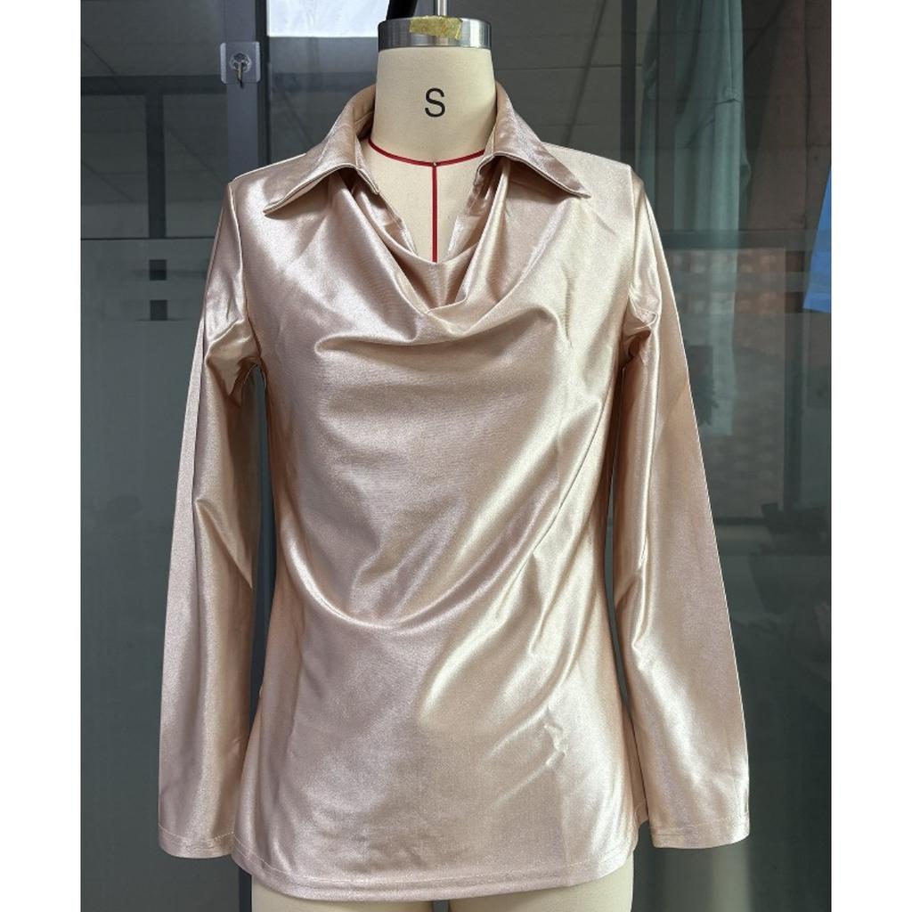 Изысканная однотонная атласная рубашка с драпировкой на шее - с длинным рукавом, свободного кроя, женский многофункциональный топ на все сезоны