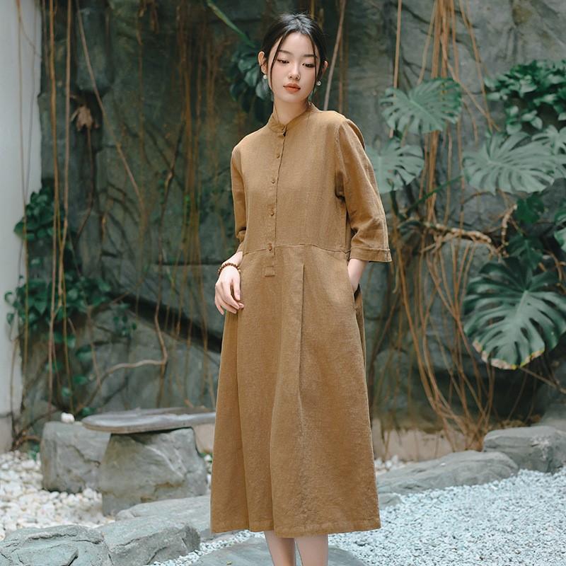 Johnature Женские винтажные весенние платья с семью рукавами, стойкой, пуговицами, карманами и трапециевидными карманами