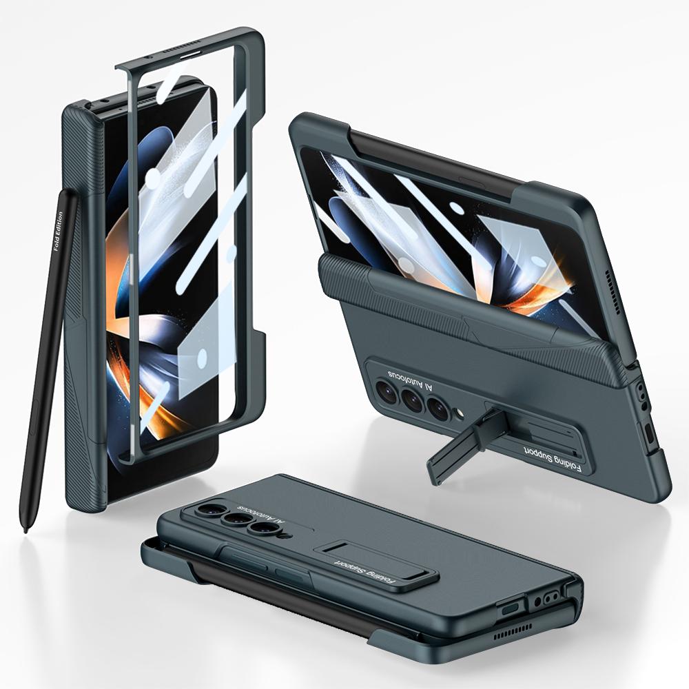 Для Samsung Galaxy Z Fold 4 Чехол Ультратонкий Матовый Магнитный Складной Шарнир Подставка С Боковым Отсеком для Стилуса Закаленная Пленка Жесткий Чехол