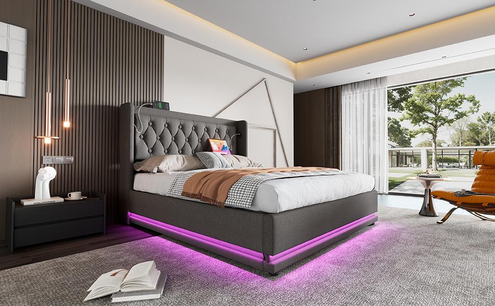 (=AB20149900G)Upholstered Double Bed 180*200cm, Grey Cotton Hydraulic Storage, Padded Headboard USB Type-C Charging, 3-Side LED (Without Mattress)