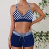 Plus Size Women Fashion Sexy Round Neck Blue Stripe Bikini Set Slim Fit Beach Swimsuits Two Piece Set