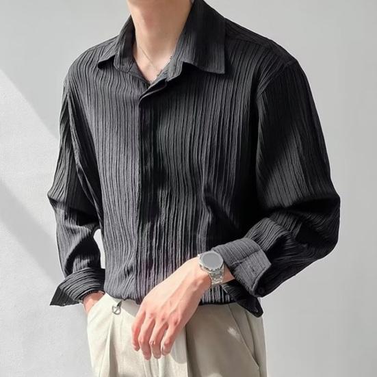 Летняя мужская рубашка с отложным воротником и длинными рукавами, плиссированный однобортный свободный однотонный кардиган на пуговицах, тонкий деловой офис