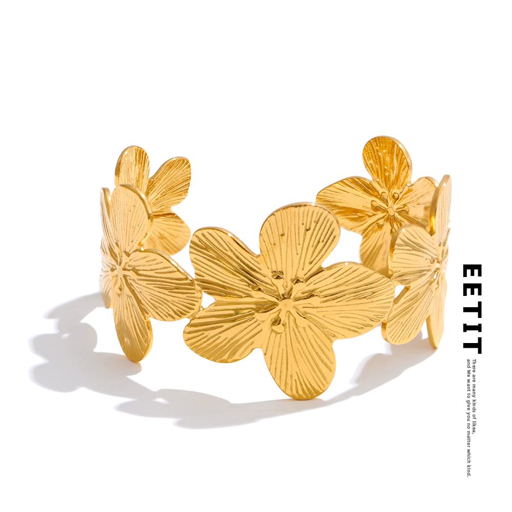 Eetit Waterproof 18K Golden Plated Stainless Steel Flower Cuff Open Bracelet Bangle Wholesale Daily Wear Fashion Trendy Jewelry