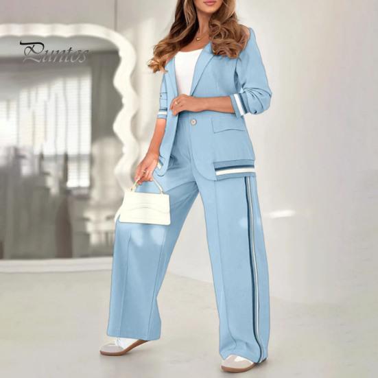 Женский костюм из 2 предметов: пальто, брюки, отложной воротник, длинные рукава, эластичный подол, куртка, широкие брюки с высокой талией, офисный наряд для поездок на работу