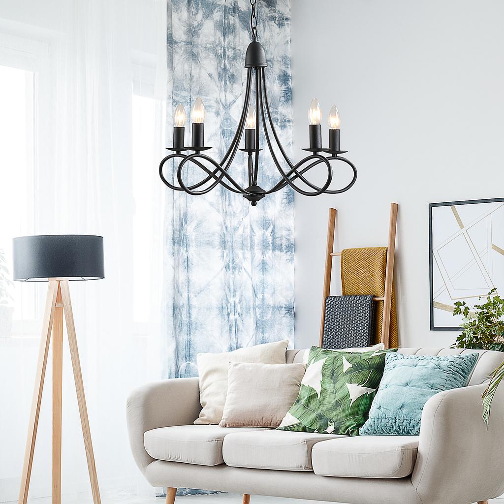 Rustic Style Ceiling Chandelier, Black Woven Steel with 5 Adjustable and Foldable Candlesticks diameter 58 x 45cm