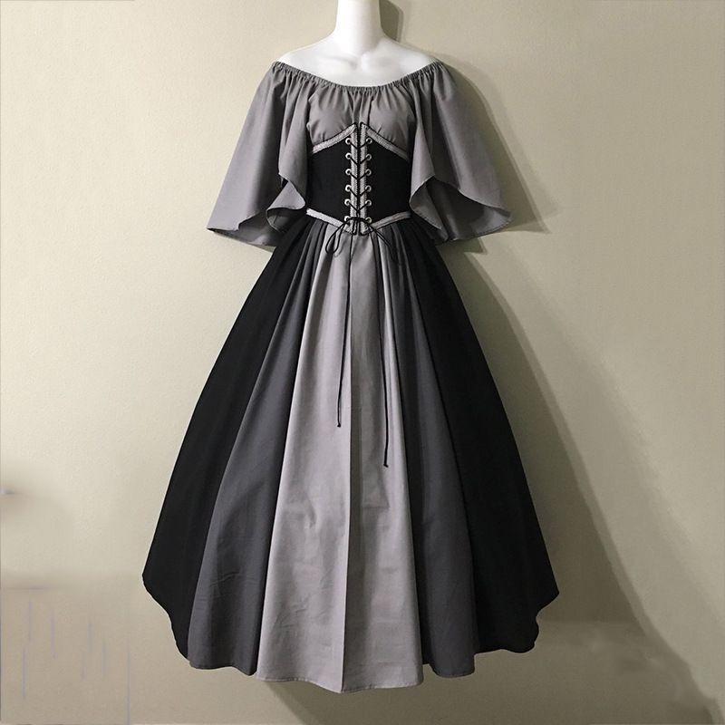 The First Dress of Autumn:New Women Medieval Costume Dress Cold Shoulder Maxi Vintage Renaissance Cosplay Dress Tie Up Corset Waist