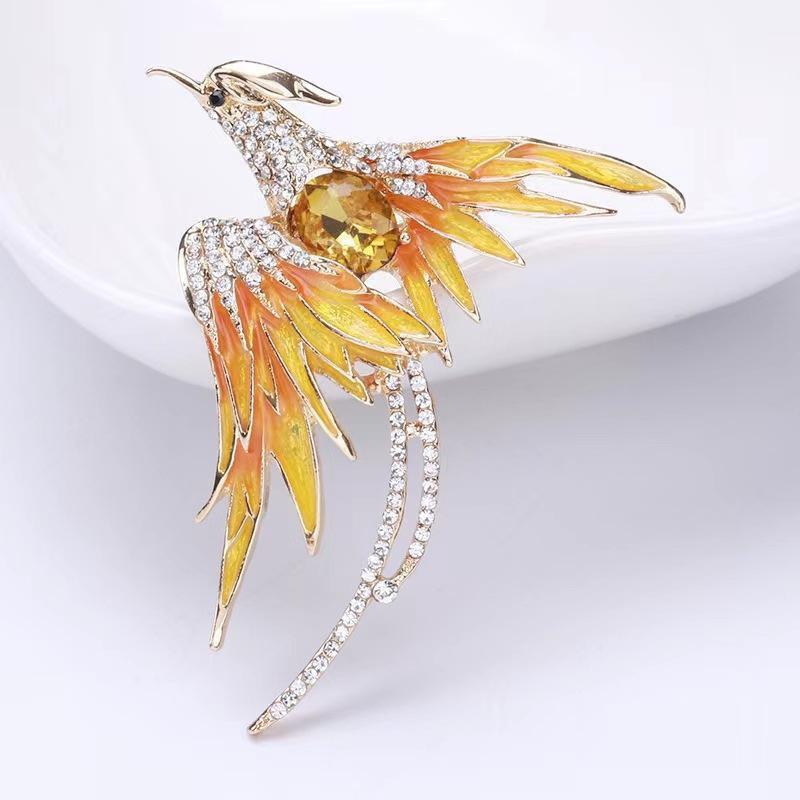 Elegant Phoenix Brooch with Rhinestones and Enamel - Colorful Long-tailed Pin Accessory
