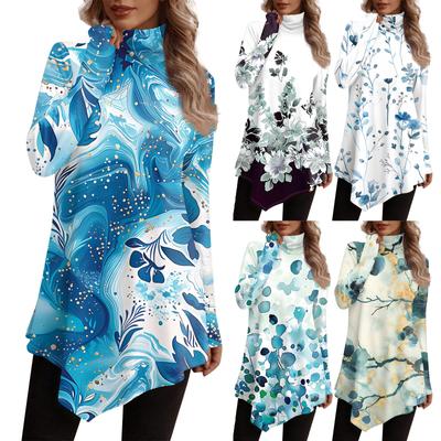 Повседневная модная рубашка с принтом, топы с высоким воротом и нерегулярным подолом, пуловеры с длинными рукавами