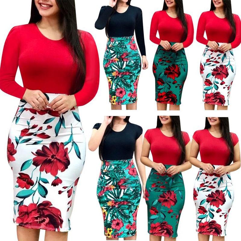 Elegant Plus Size Ladies Short/long Sleeve Floral Boho Women Party Bodycon Maxi Dress