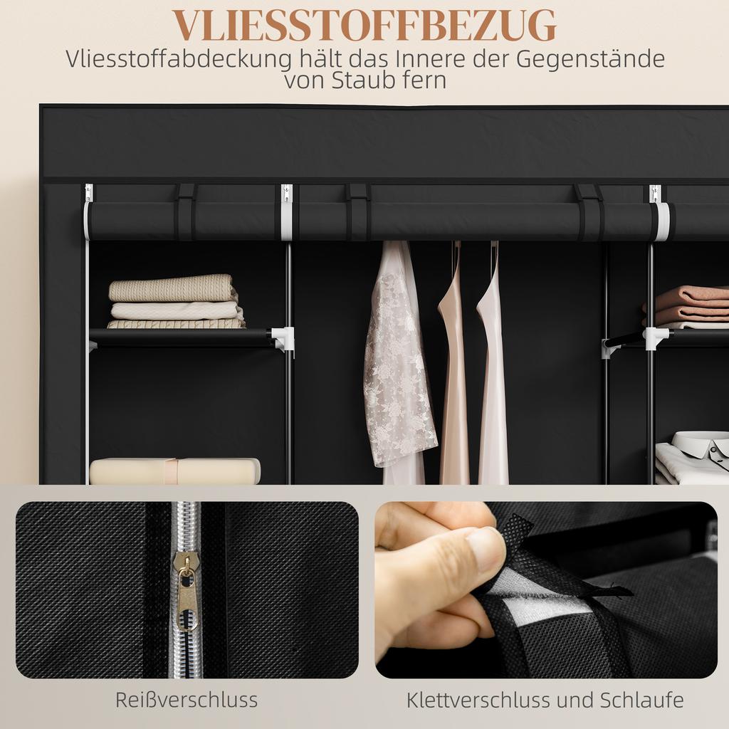 Fabric Wardrobe made of Non-Woven Fabric, Folding Wardrobe, 1 Clothes Rail, 9 Shelves, 150 cm x 43 cm x 162.5 cm, Black