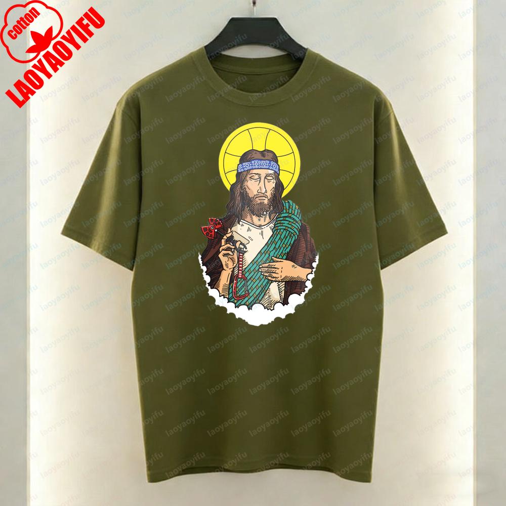 Jesus Christ with Rosary and Halo Women Mens Tee Religious Art Christian TShirt Summer Casual Wear Faith Apparel Unisex Tops