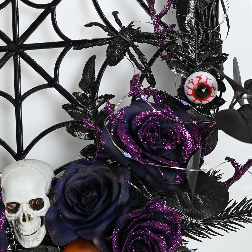 Halloween Wreath With Led Lights, Scary Halloween Rose Web Wreath Horror Skull Vine Wreath Decoration For Front Door Walls Fireplace Windows