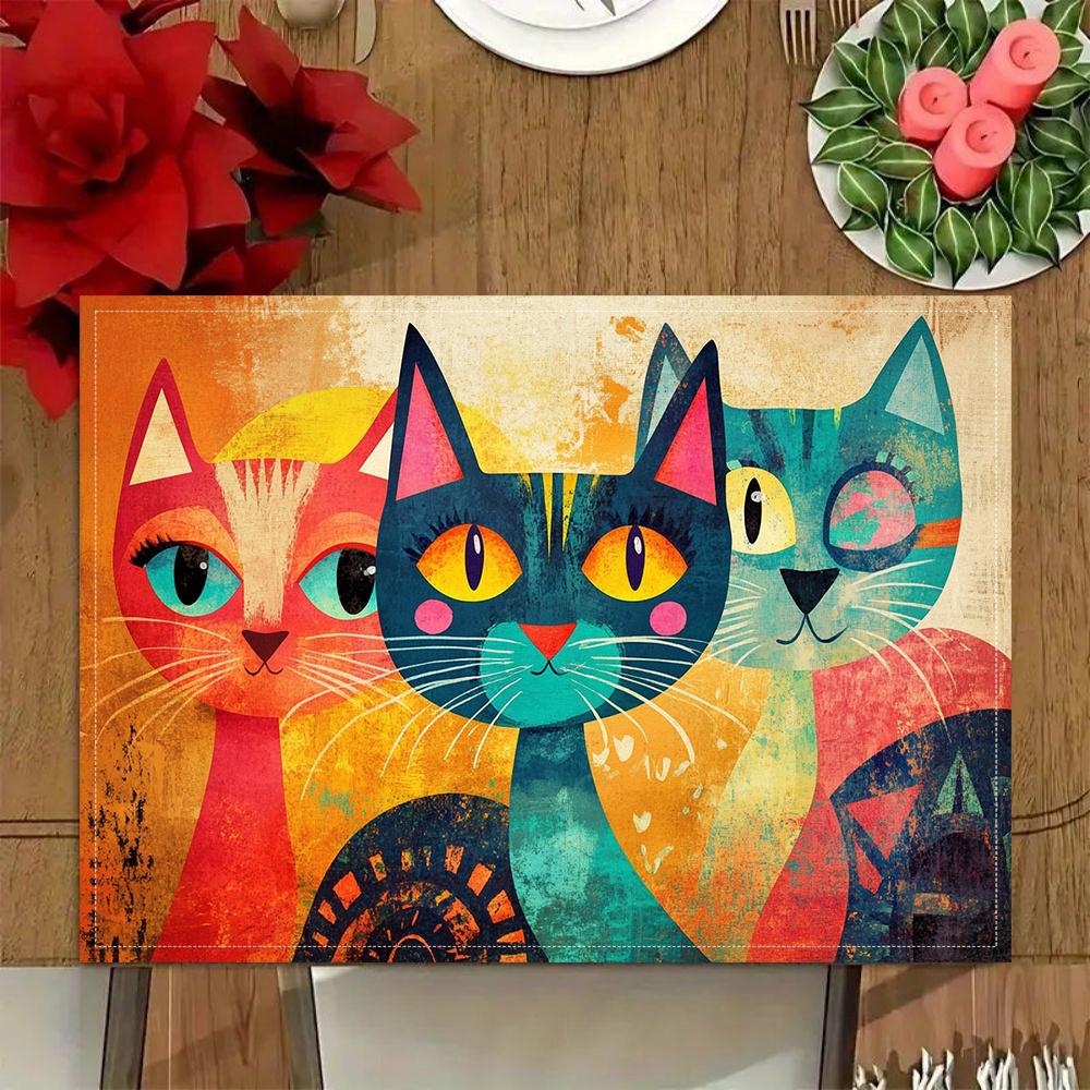 Three Colorful Cats Oil Painting Heat Resistant Washable Table Placemats Kitchen Dining Decor 4 Piece Set