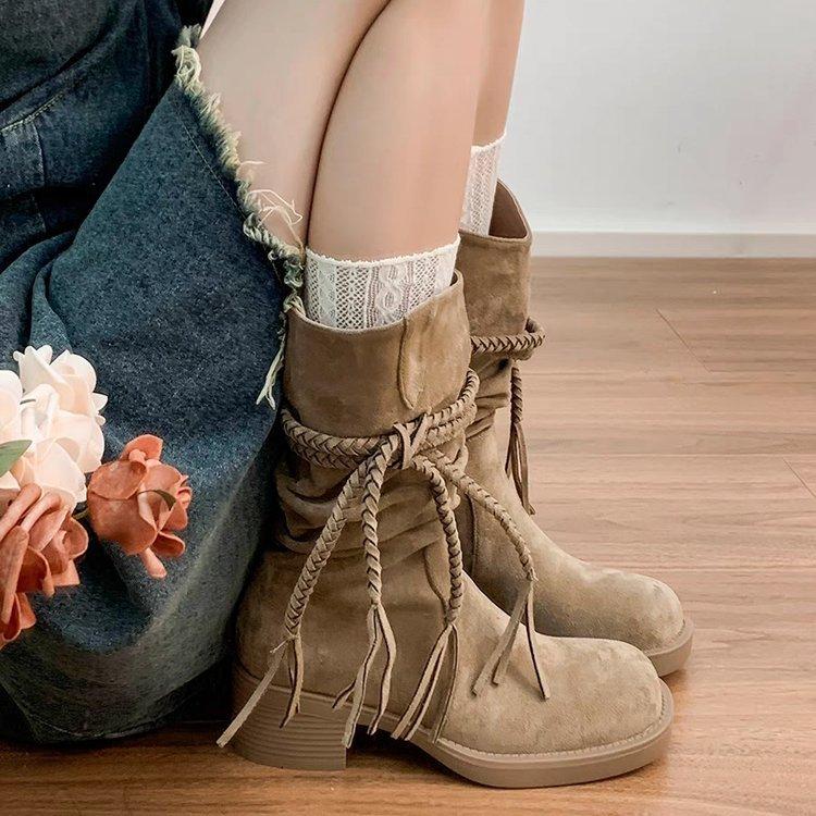 Версия из коровьей кожи~ ретро пустошь бахрома рыцарские сапоги толстый каблук, но ботфорты до колена тонкий ворс полусапожки женские