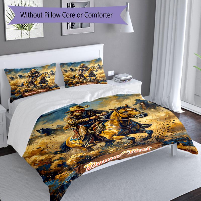 3PC Custom Name Rodeo Cowboy Adventure Bedding Set Printed Bedding Set Duvet Cover Closure Includes 1 Duvet Cover & 33 Pillowcases for Bedroom