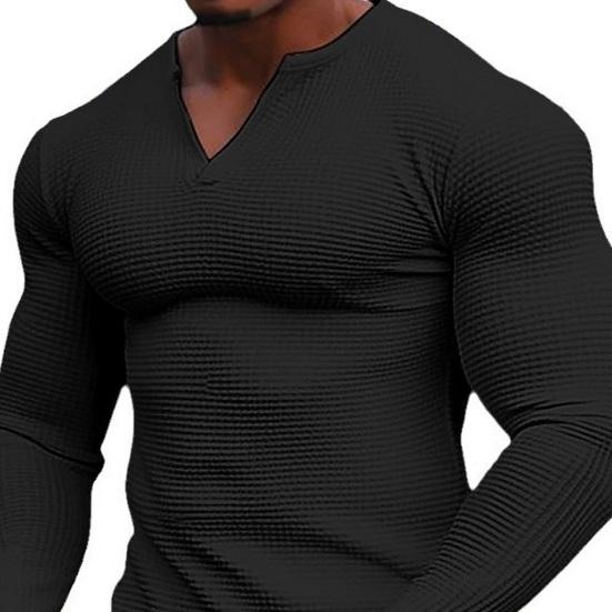 Осень-весна, мужской топ с v-образным вырезом, однотонный, приталенный, мягкий, повседневный, с длинными рукавами, в стиле пэчворк, с вафельной текстурой, эластичная мужская футболка средней длины