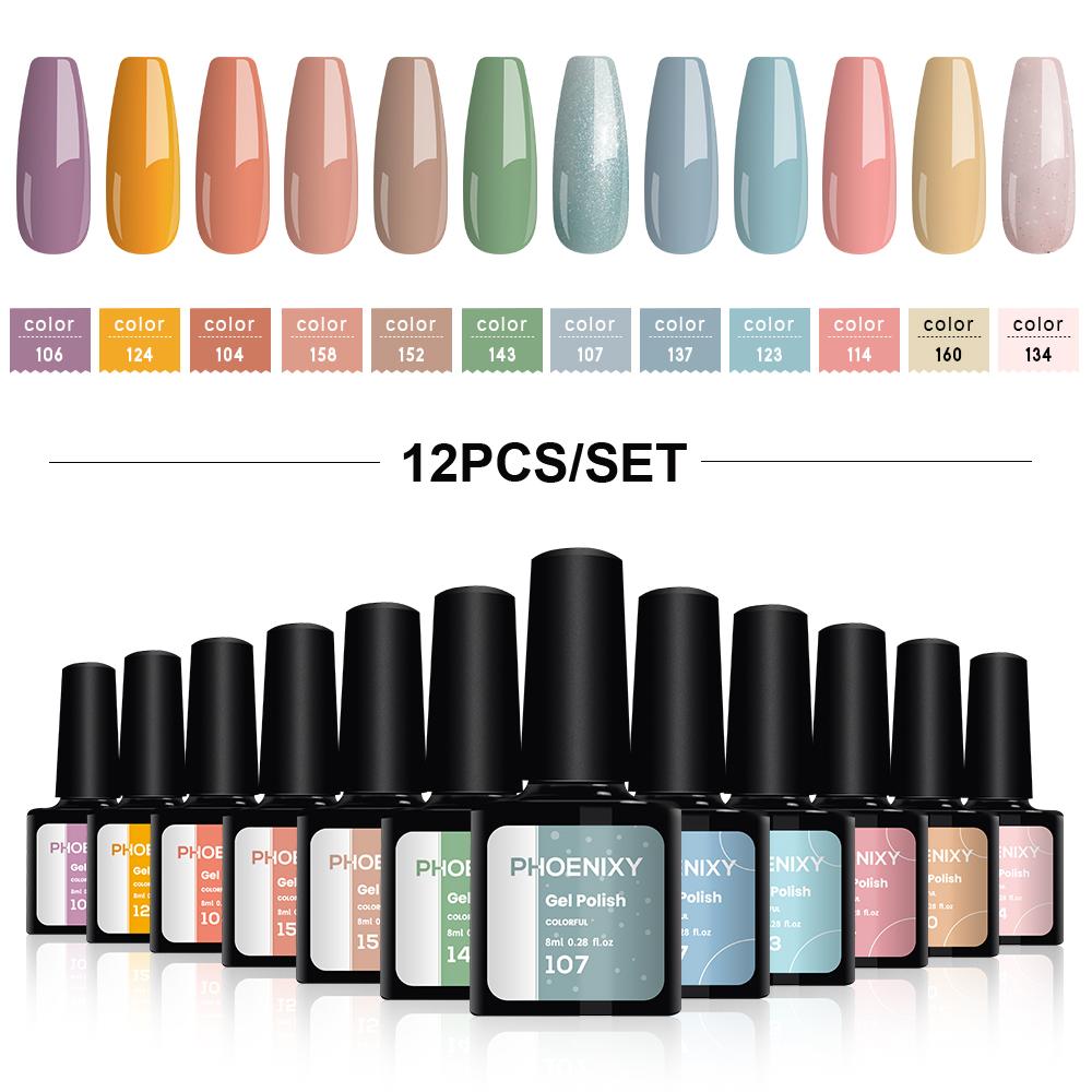 PHOENIXY, 8 мл, 12 цветов, гель-лак для ногтей, гель для ногтей, полуперманентный твердый гель для ногтей, замачиваемый УФ-гель, нужна база, верхнее покрытие, дизайн ногтей «сделай сам»