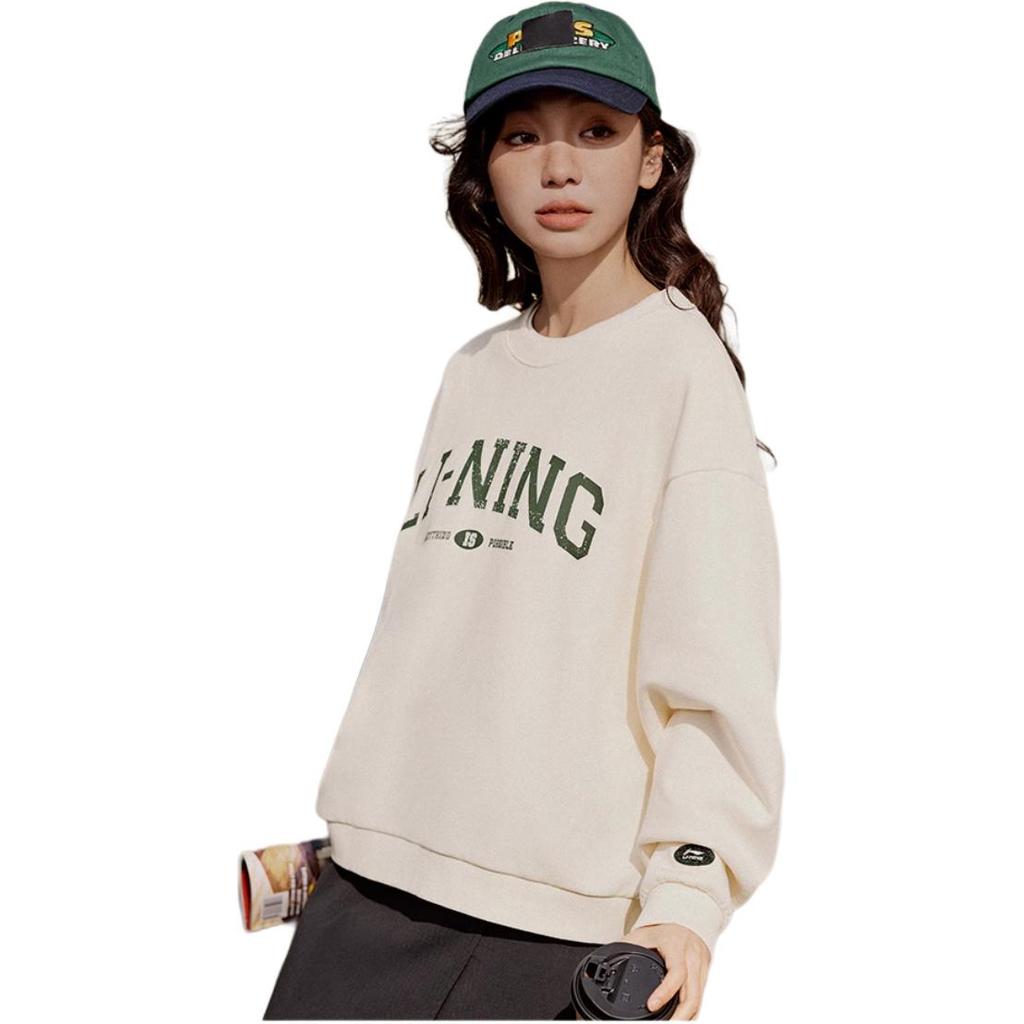 Li Ning Sports Lifestyle Series Letter Print Round Neck Свободный пуловер с длинным рукавом Женская толстовка Off-White AWDU804-1