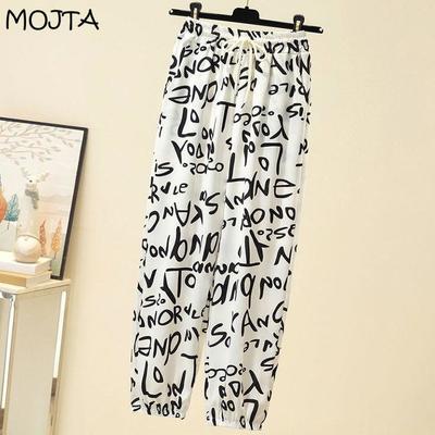 Летние женские повседневные брюки с буквенным принтом больших размеров, женские брюки с высокой талией и девятью точками, брюки с большими карманами, белые женские брюки