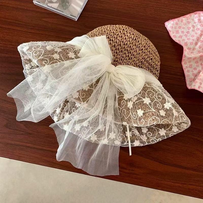 New French floral bow straw hat women's summer seaside beach vacation big eaves sunshade sun hat