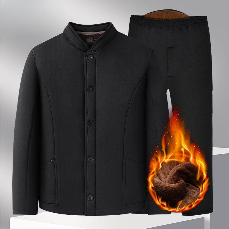 Winter Suit Men's Cotton Clothes Cotton Pants Two-piece Set Dad Thickened Warm Vest Velvet Cotton Suit