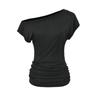 Slant shoulder waist short-sleeved T-shirt women's summer new American Spice Girl style solid color slim-fitting and thin bottoming top