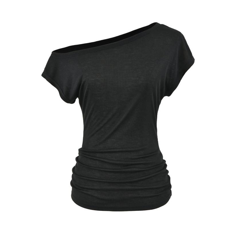 Slant shoulder waist short-sleeved T-shirt women's summer new American Spice Girl style solid color slim-fitting and thin bottoming top