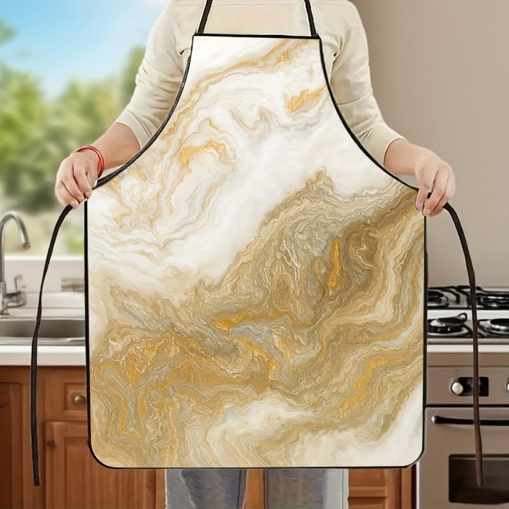 An Elegant Marble-Patterned Kitchen Apron Featuring a Golden/Beige/White/Black Marble Design - a Polyester Cooking Apron with Rounded Corners And a Ha