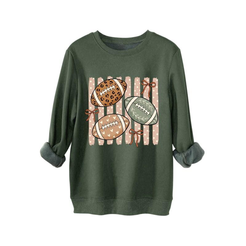 Womens Fleece Hoodie Casual Sports Thick Rugby Bow Print Round Neck Sweatshirt