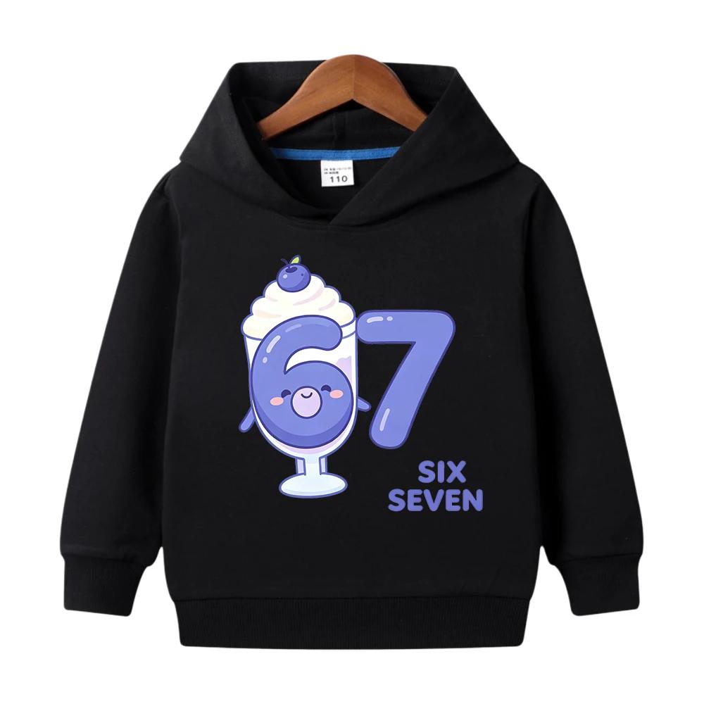Comfortable long-sleeve hoodie for boys and girls, featuring a fun fruit pattern and "67 Six Seven" lettering.