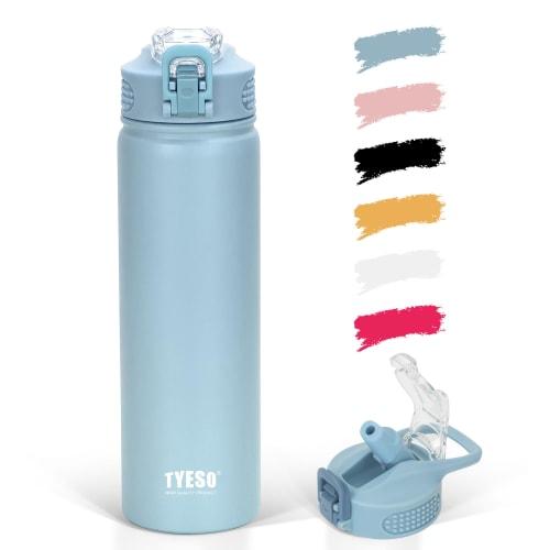 TYESO Stainless Steel Vacuum Insulated Water Bottle, 600ml/750ml, with Food-Grade Silicone Straw, One-Touch Straw, Keeps Drinks Hot or Cold, Easy To C