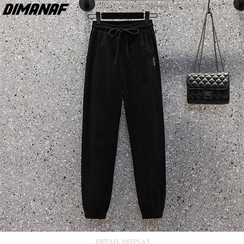 DIMANAF 2025 Большие размеры Длинные брюки Женские Эластичные Свободные С высокой талией Винтажные Однотонные Свободные Повседневные Женские Базовые брюки Зеленый Черный