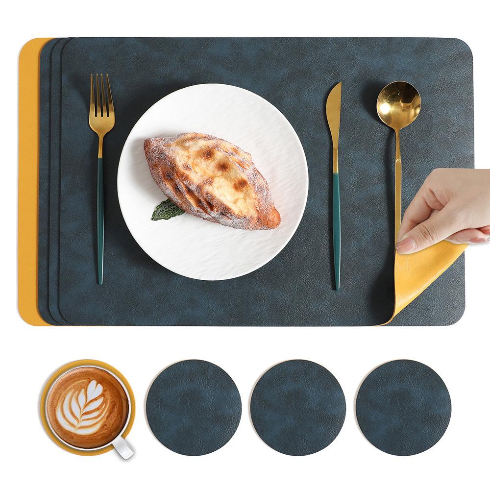 Nordic ins cowhide pattern leather PU mat two-color rectangular dining table mat high-end western food plate mat anti-scalding and heat insulation mat
