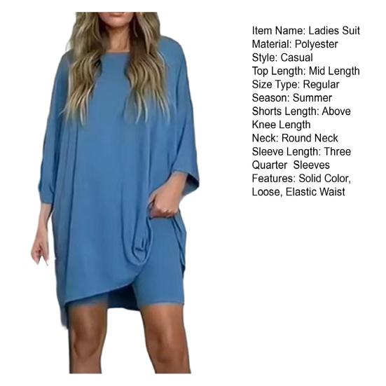 2 Pcs/Set Women Summer Sports Outfit Lounge Set Women Pyjamas Summer T-shirt Shorts Set Elastic Round Neck Three Quarter Sleeves Summer Tracksuit