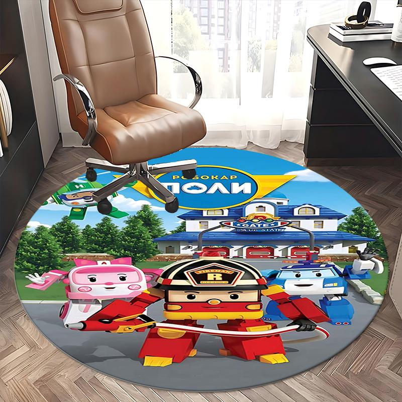 Robocar Poli,Rescue Station Chair mat Round Rug-Office carpet, Machine Washable, Non-slip, Suitable for Living Rooms, Bedrooms, Entryways, a