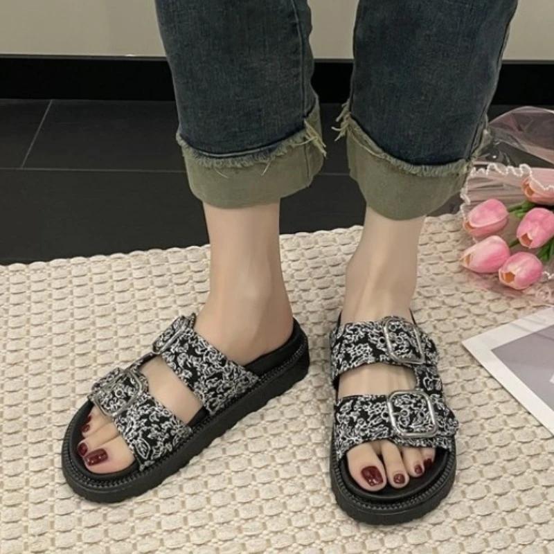 2024 Стразы Кристалл Пряжка Тапочки Женские Фирменный Дизайн Кристалл Двойные Шлепанцы Женские Платформы Слайды Сандалии Большой Размер 42