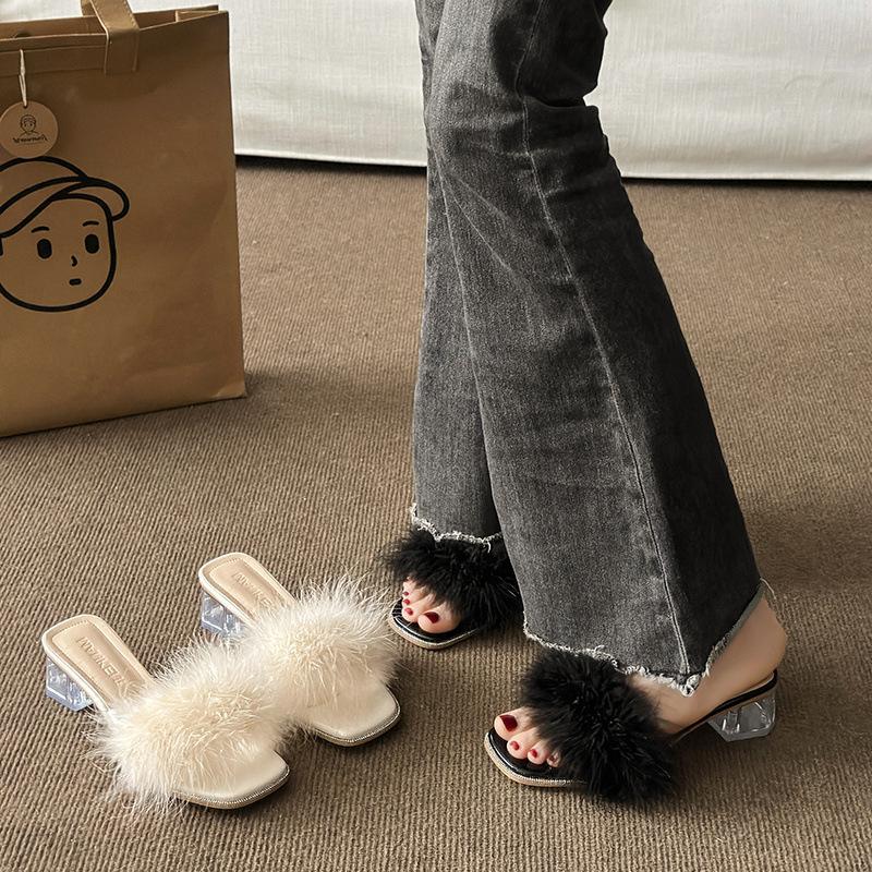 Женские туфли на высоком каблуке 2024 лето новая французская пушистая обувь прозрачные хрустальные туфли толстый каблук квадратный носок слово с сандалиями