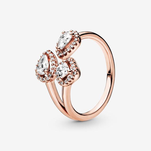 Lr Timeless Wish Heart Сверкающее розовое золото Розовый Тонкая тиара Кольца на поперечном рычаге Прозрачное кольцо с тремя камнями для женщин Подарок на день Святого Валентина