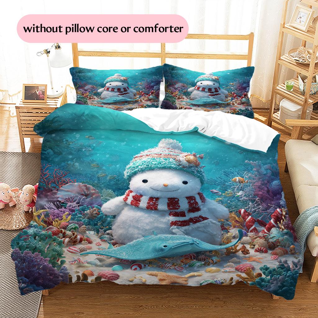 Snowman and Marine Animals Pattern Bedding Quilt Set Home Decoration Gift (1 * duvet cover + 2 * pillowcase, without core)