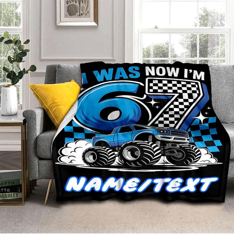 1PC Custom Name Monster Truck Birthday outdooor Flannel blankets Throw Blanket All-Season Throw Gift Bedspread for Couch, Bed, Camping Holiday Birthda