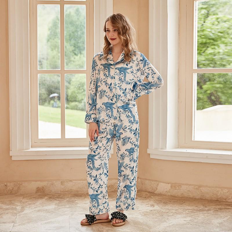 Womens Lightweight Silk-Like Pajama Set Long Sleeve Open Front Top Pants Home Wear