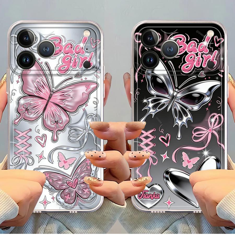 Металлическая Розовая Бабочка Мягкий Чехол для Телефона для iPhone 17 Pro Max 12 Mini 11 XR 14 Plus XS Max 17e 13 Pro 16 Air 15