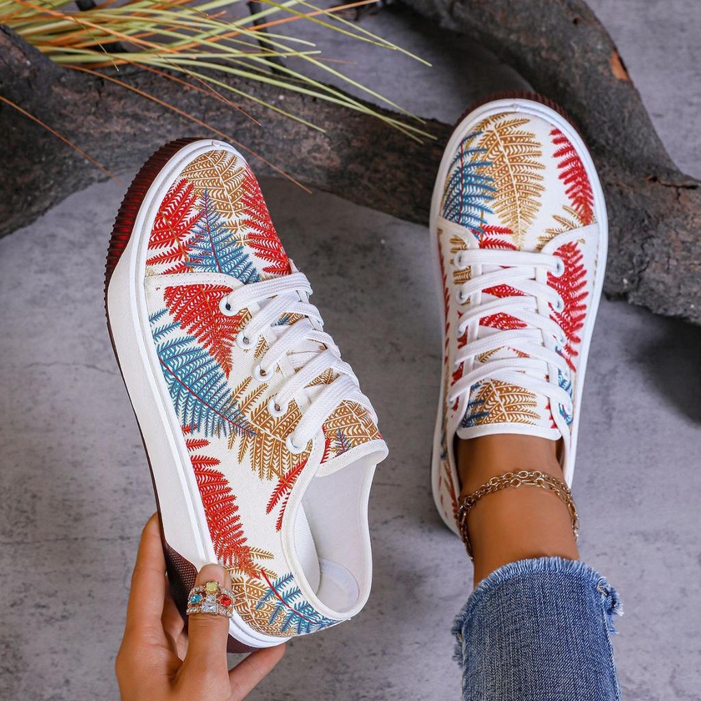 Модная женская обувь 2025 Новая дышащая повседневная обувь Этнический стиль Спортивные женские парусиновые Трендовые универсальные туфли на большой подошве