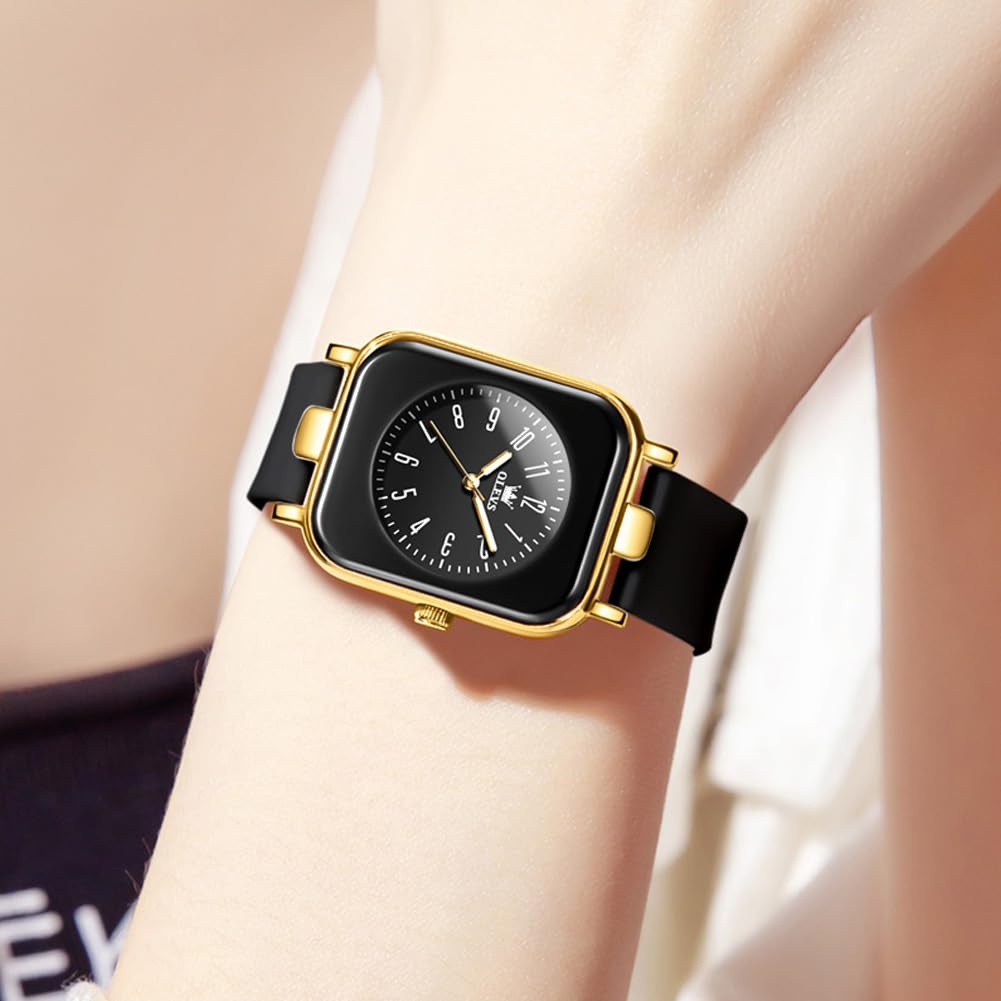 OLEVS Silicone Japanese Quartz White Silicone Gold Black Women's Watch, Waterproof, Luminous, Band, Movement, (Black Band, Case, Dial)