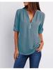 Shirt V-neck Zipper Plus Size Women's Long Sleeved Loose Chiffon Shirt with Adjustable Sleeves